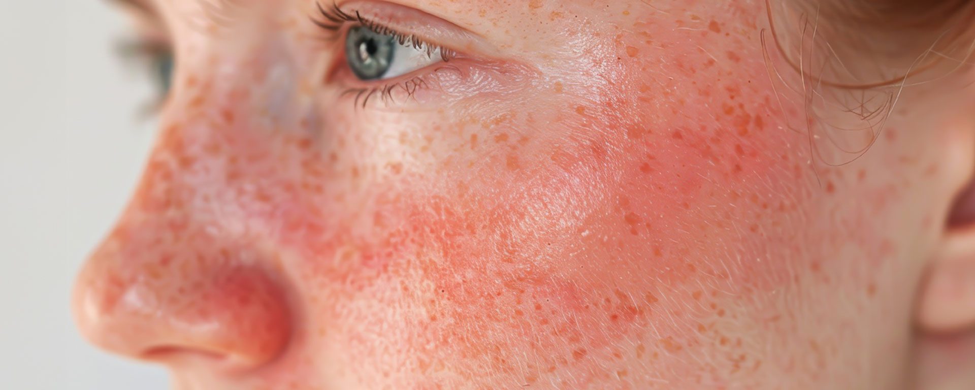 Primer plano de una persona con dermatitis atópica facial, mostrando enrojecimiento e inflamación en la piel.