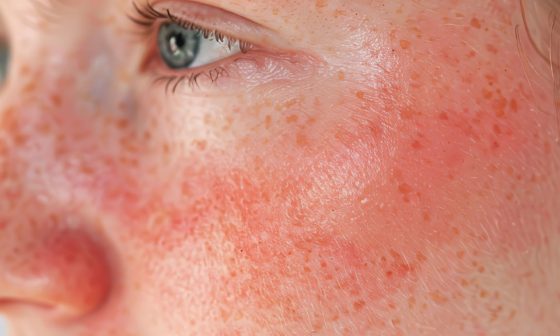 Primer plano de una persona con dermatitis atópica facial, mostrando enrojecimiento e inflamación en la piel.