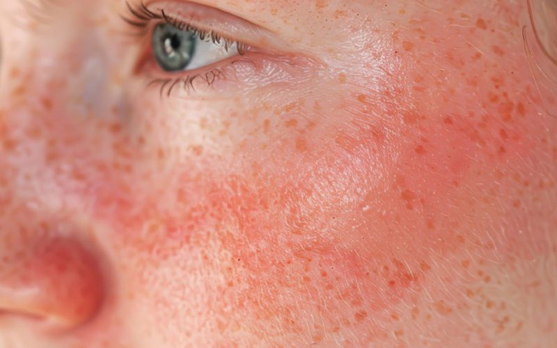 Primer plano de una persona con dermatitis atópica facial, mostrando enrojecimiento e inflamación en la piel.